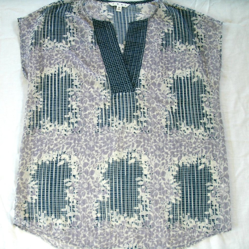 Cabi Top Printed Stitch Placket Blouse Style 278 Blue Sheer Floral XS